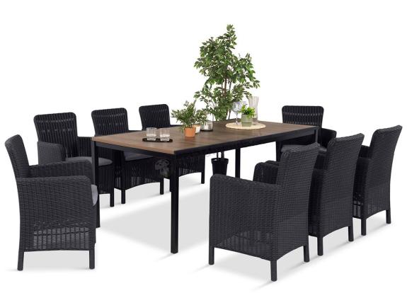 Meble obiadowe na taras Portis Comfort ze stołem 200cm w kolorze orzecha i 8 fotelami