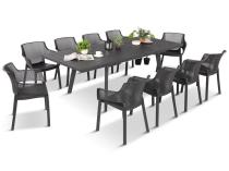 Zestaw mebli obiadowych dla 10 osób Kantara Modern z rozkładanym stołem 160-240 cm i 10 sztaplowanymi krzesłami