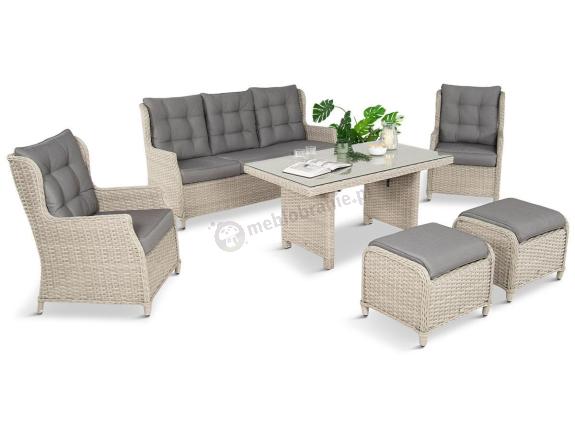 Meble technorattanowe z sofą 178cm, 2 fotelami, 2 pufami i stołem obiadowym Fiorento - Grey