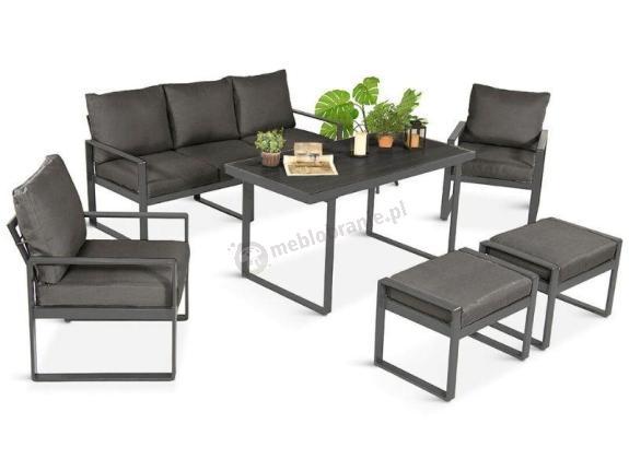 Grafitowe meble do ogrodu dla 7 osób - sofa 175cm, 2 fotele i 2 pufy - Panaon Dining DG