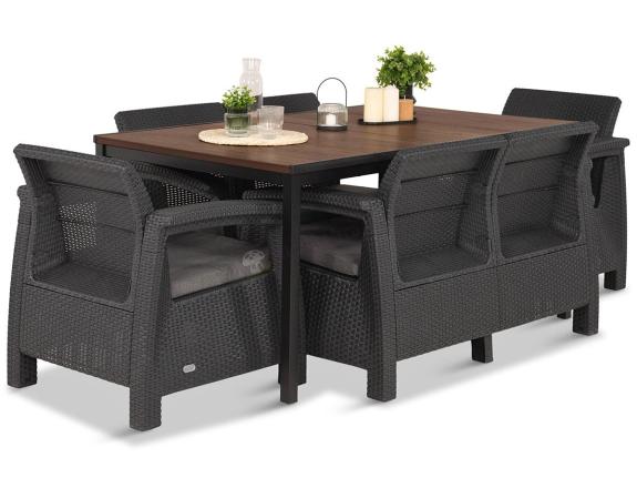 Meble ogrodowe dla 6 osób, 2 sofy, 2 fotele, stół 160cm z drewnianym blatem Meblobranie CF6 Plus grafit