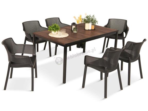 Meble obiadowe na taras Portis Slim ze stołem 160cm w kolorze orzecha i 6 fotelami
