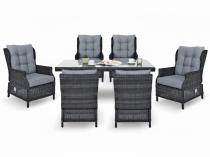 Grafitowy zestaw mebli obiadowych na taras Laritto 6+1 stół 150cm i regulowane fotele