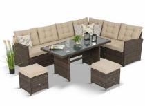 Zestaw technorattanowy na taras narożnik z poduszkami z pikowaniem + pufy i stół Cofete Brown