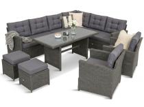 Narożnik ogrodowy z technorattanu z 2 fotelami + pufy z pikowanymi poduszkami Cofete Anthracite