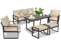 Zestaw mebli tarasowych - sofa 175cm, 2 fotele, 2 pufy, stolik szklany blat - Panaon Elite Plus Light Beige