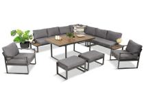 Duży nowoczesny narożnik na taras z fotelami i pufami Panaon Corner XXL - Grey Teak