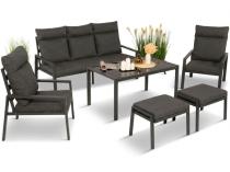 Metalowy zestaw mebli ogrodowych z wysokim oparciem na taras Doros Dining + pufy - Dark Grey