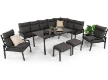 Duży narożnik ogrodowy metalowy 294x184cm Doros Corner XXL z 2 fotelami, 2 pufami i stołem 160cm wysokie oparcia - Dark Grey
