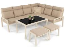 Jasny narożnik tarasowy ze stolikiem 120cm i pufami - Doros Corner XL - Cream