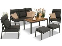 Grafitowy zestaw mebli metalowych na taras Doros Dining + pufy wysokie oparcie - Polywood Dark Grey