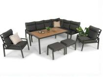 Narożnik ogrodowy z wysokim oparciem w komplecie z wysokim stołem 160cm, fotelami i pufami Doros Corner XL - Polywood Dark Grey