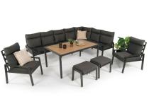 Duży narożnik ogrodowy metalowy 294x184cm Doros Corner XXL z 2 fotelami, 2 pufami i stołem 160cm - Polywood Dark Grey