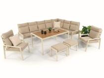 Duży narożnik na taras ze stołem obiadowym fotelami i pufami Doros Corner XXL - Polywood Cream
