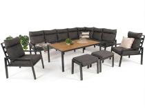 Grafitowe nowoczesne meble tarasowe dla 10 osób Doros Corner XXL narożnik z 2 fotelami i 2 pufami - Polywood Dark Grey