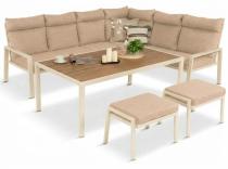 Narożnik na taras z wysokim oparciem, stół 160cm i 2 pufy - Doros Corner XL - Polywood Cream