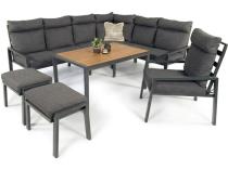 Komplet ogrodowy metalowy z narożnikiem, fotelem, pufami i stołem teak- Doros Corner XL - Dark Grey