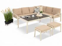 Kremowy narożnik na taras, stół 160cm i 2 pufy - Sodor Corner XL - Cream