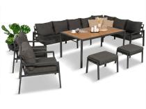 Duży narożnik ogrodowy metalowy 294x184cm Sodor Corner XXL z 2 fotelami, 2 pufami i stołem 160cm - Dark Grey Polywood