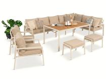 Duży narożnik na taras ze stołem obiadowym fotelami i pufami Sodor Corner XXL - White Polywood