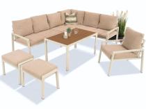 Zestaw mebli ogrodowych z narożnikiem modułowym, fotelem i pufami - Sodor Corner XL - Cream Polywood