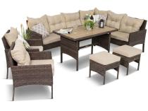 Meble ogrodowe narożne technorattanowe z dwoma fotelami i stołem polywood - Perata Corner Brown