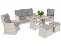 Meble technorattanowe z sofą 178cm, 2 fotelami, 2 pufami i stołem obiadowym z blatem polywood Fiorento - Grey