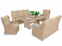 Eleganckie meble technorattanowe dla 8 osób Fiorento - 2 sofy, 2 fotele i duży stół polywood - Beige