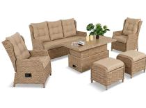 OUTLET - Meble technorattanowe z sofą 178cm, 2 fotelami z regulacją, 2 pufami i stołem podnoszonym Fiorento Dining - Beige Polywood